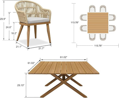 PURPLE LEAF 9 Pieces Patio Dining Set with Outdoor Aluminium Square Dining Table and Woven Chairs Modern Metal Furniture Cushions Sets for Garden Yard Indoor Decor Kitchen Teak