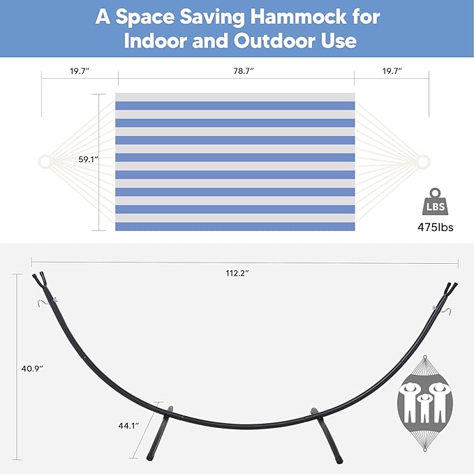SUNCREAT Backyard Hammock with Frame, Hammock Frames for Outside, 475 lbs Capacity, Blue & White Stripes