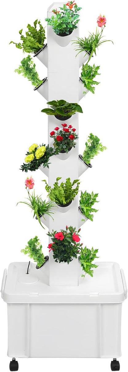 Set Hydroponic Growing Tower with 20L Tank, 6 Layers 30 Plants Indoor hydroponics Growing System kit, Soilless Cultivation Herbs Fruits Vegetables Vertical Planter Tower Kit (White pro)