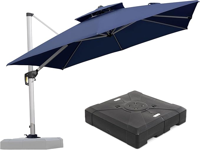 PURPLE LEAF 10 FT Patio Offset Umbrella Outdoor Cantilever Umbrella Hanging Umbrellas, 36 Month Fade Resistance & Water-repellent UV Protection Fabric Canopy with Crank & Water Tank Base (Navy Blue)