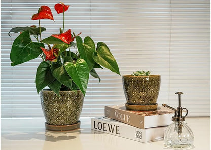 Docrin Ceramic Plant Pots Indoor, 6.6 + 5.5 Inch Planters with Drainage Holes and Saucer for Home/Office - Set of 2 /Dark Green