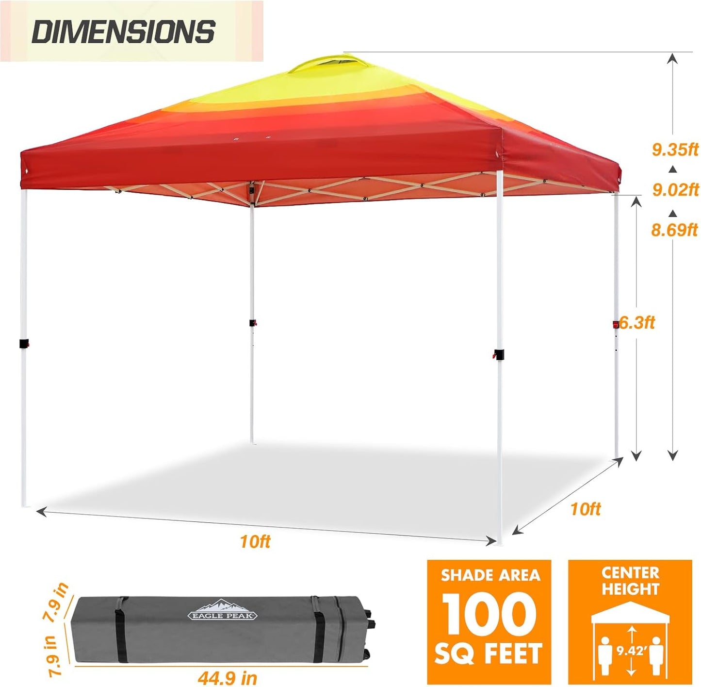 EAGLE PEAK Pop Up Canopy Tent with Wheeled Carry Bag, 8 Stakes, 4 Ropes, 4 Weight Bags, Easy Set Up Tent Canopy, 10x10 ft, 100sqft of Shade, Sunset Stripe