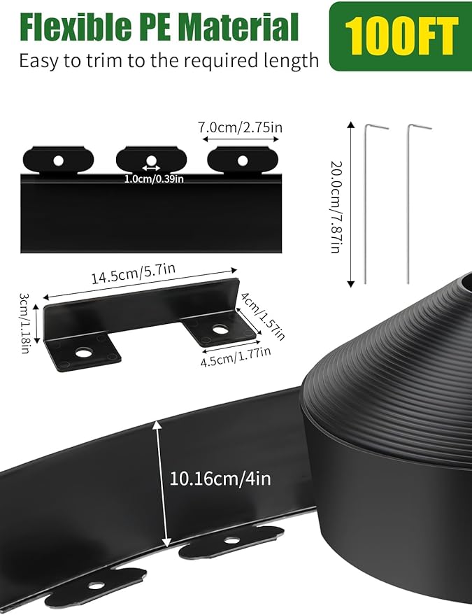 Kalolary Landscape Edging, 100FT x 4 Inch Tall Plastic Garden Lawn Edging Border with 100 L Spikes, 9 Connector for Landscaping Garden, Flower Beds (Black)