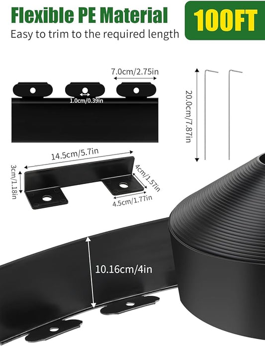Kalolary Landscape Edging, 100FT x 4 Inch Tall Plastic Garden Lawn Edging Border with 100 L Spikes, 9 Connector for Landscaping Garden, Flower Beds (Black)