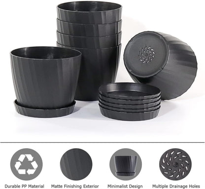 7 Inch Plant Pots Bulk, 6 Pack Plastic Planters with Drainage Holes and Saucers for Indoor Outdoor House Plants and Flowers, Black