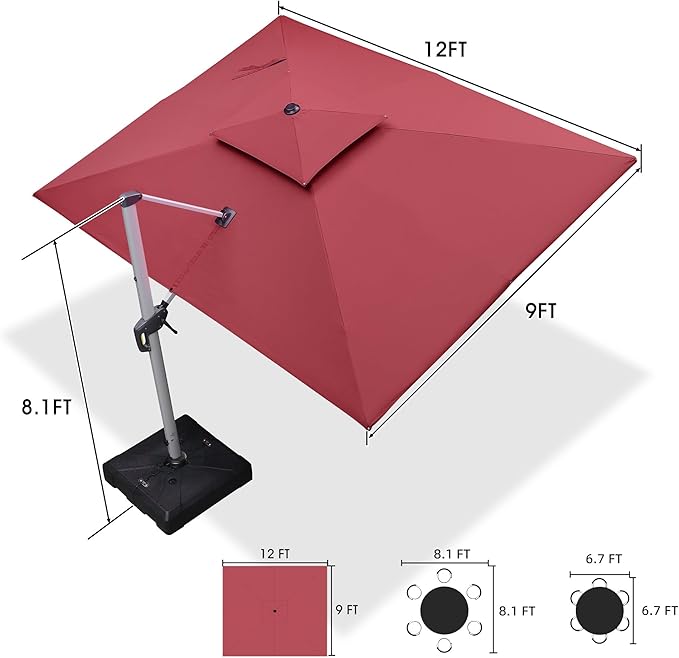 PURPLE LEAF 9 X 12 FT Cantilever Patio Umbrellas with Base Included, Large Square Offset Umbrella with 360° Rotation, Outdoor Aluminum Pool Umbrella for Pool Lawn Garden, Terra