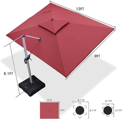 PURPLE LEAF 9 X 12 FT Cantilever Patio Umbrellas with Base Included, Large Square Offset Umbrella with 360° Rotation, Outdoor Aluminum Pool Umbrella for Pool Lawn Garden, Terra