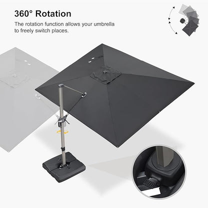 PURPLE LEAF 9' x 11' Patio Umbrella with Base Cantilever Umbrella Rectangular Outdoor Offset Umbrella with Champagne Frame and 360° Rotation for Garden Deck Pool, Black