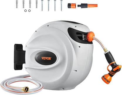 VEVOR Retractable Hose Reel, 65 ft x 5/8 inch, 180° Swivel Bracket Wall-Mounted, Garden Water Hose Reel with 9-Pattern Nozzle, Automatic Rewind, Lock at Any Length, and Slow Return System
