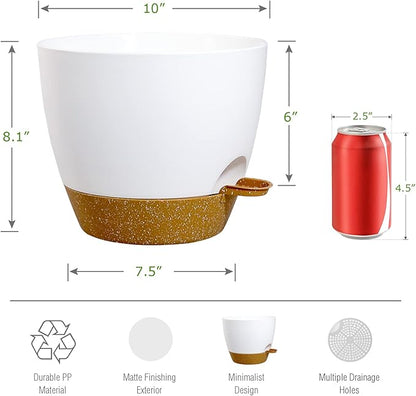 WOUSIWER 10 inch Self Watering Planters, 2 Pack Large Plastic Plant Pots with Deep Reservior and High Drainage Holes for Indoor Outdoor Plants and Flowers, White with Terracotta