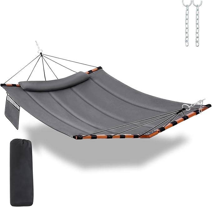 TegerDeger 12FT 2 Person Hammock Large Hammock 450LB Capacity with V Shaped Hardwood Spreader Bar & Nylon Rope for Outside, Patio, Garden, Backyard, Beach, Poolside - Gray