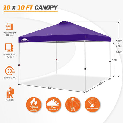 EAGLE PEAK Pop Up Canopy Tent with Wheeled Carry Bag, 8 Stakes, 4 Ropes, 4 Weight Bags, Easy Set Up Tent Canopy, 10x10 ft, 100sqft of Shade, Purple
