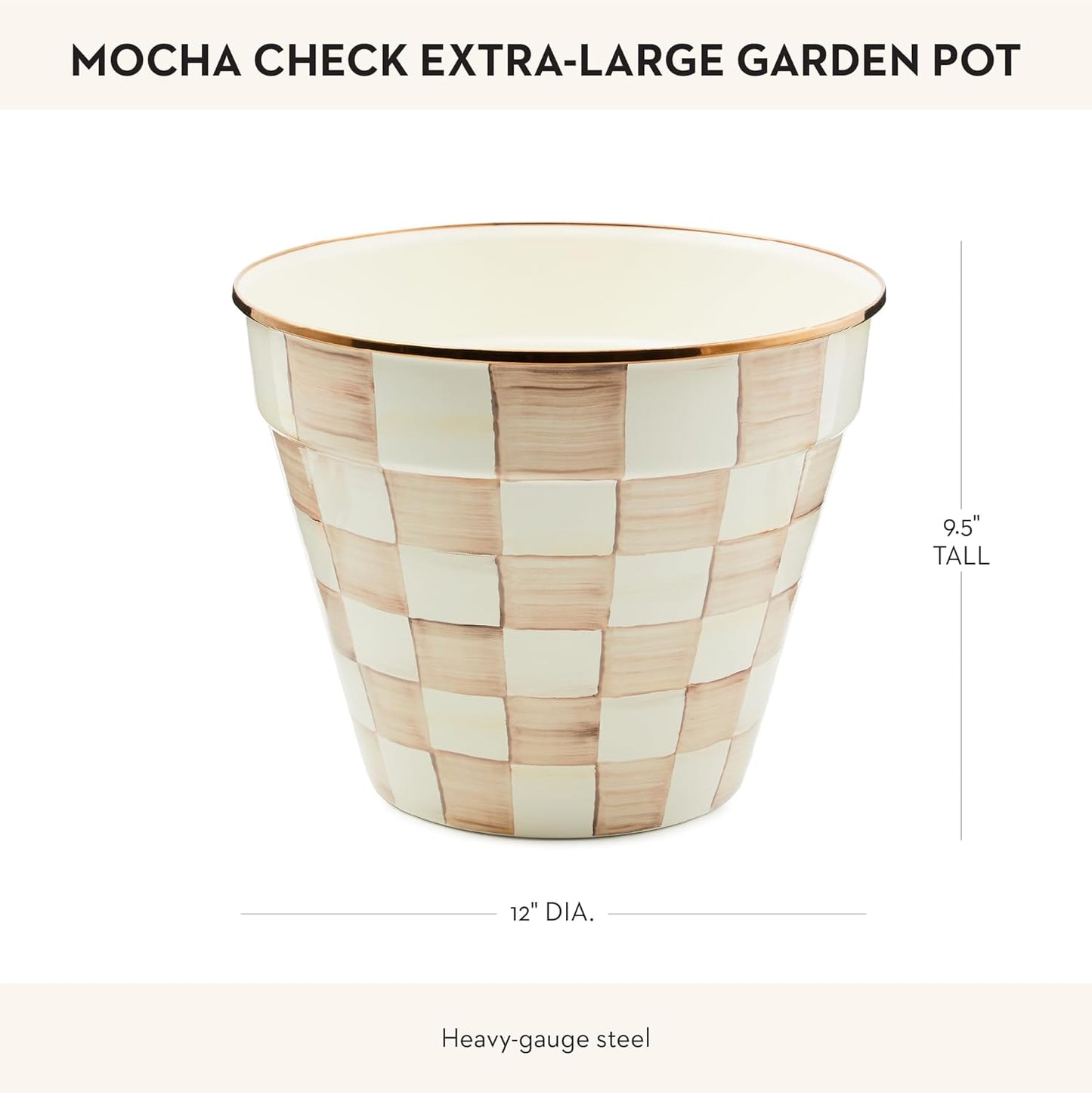 MACKENZIE-CHILDS Enamel Garden Pot, Decorative Pot for Plants, Outdoor Flowerpot Decor, Extra Large, Brown-and-White Mocha Check
