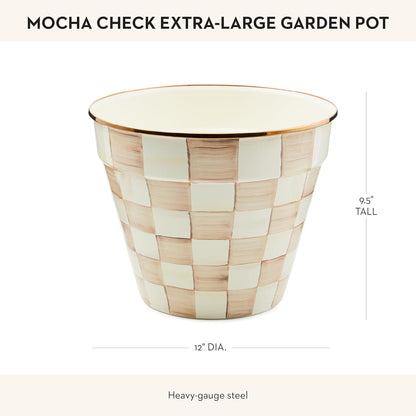 MACKENZIE-CHILDS Enamel Garden Pot, Decorative Pot for Plants, Outdoor Flowerpot Decor, Extra Large, Brown-and-White Mocha Check