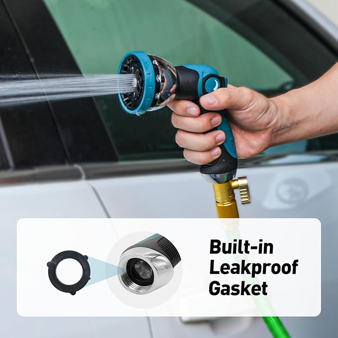 Garden Hose Nozzle, Hose Sprayer Nozzle with 10 Spray Patterns, Thumb Control On Off Valve, High Pressure Metal Water Hose Nozzle for Car Wash, Plants, Pets & Outdoor Cleaning, Blue