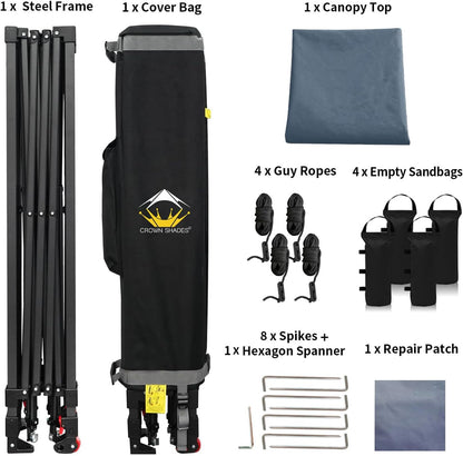 CROWN SHADES 10x10 Pop Up Canopy Tent - Patented Center Lock One Push Instant Outdoor Canopy Beach Tent with STO-N-Go Bag 8 Stakes & 4 Sand Bags，Grid Grey