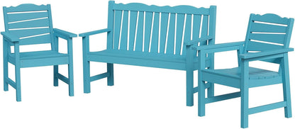 Patio Chairs Set, Weatherproof HIPS Outdoor Furniture, Include 2 Patio Dining Chairs + Outdoor Bench, Suit for Garden, Porch, Lawn & Backyard (Lake Blue)