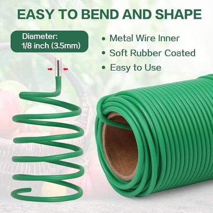 Tenn Well Garden Wire, 66 Feet 3.5mm Soft Rubber Coated Plant Ties, Green Gardening Twist Ties for Climbing Plants, Tomatoes, Vegetables, Climbing Roses