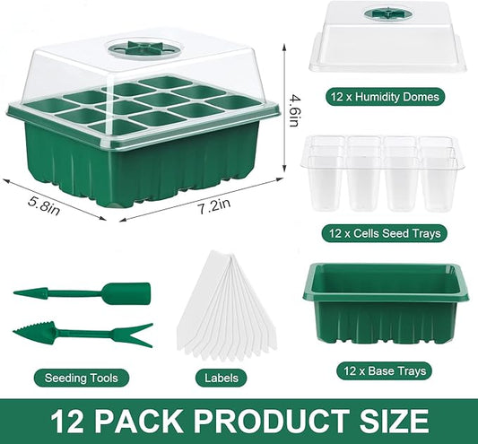 12 Pack Seed Starter Tray Seed Starter Kit (144 Cells Total Tray) with Humidity Adjustable Dome, for Seeds Growing Starting Plant Germination Trays, Mini Green House Germination Trays.