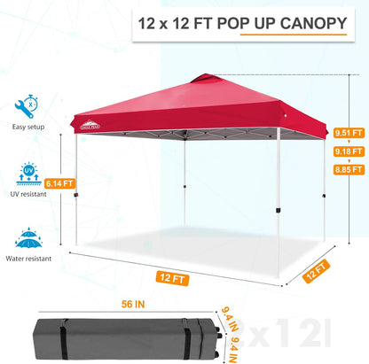 EAGLE PEAK Pop Up Canopy Tent with Wheeled Carry Bag, 8 Stakes, 4 Ropes, 4 Weight Bags, Easy Set Up Tent Canopy, 12x12 ft, 144sqft of Shade, Red