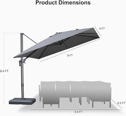 PURPLE LEAF 9 FT Cantilever Patio Umbrella Outdoor Aluminum Offset Square Umbrella with 3 Years Fade Resistance Recycled Fabric and 360-degree Rotation for Deck Pool Garden, Mist Grey