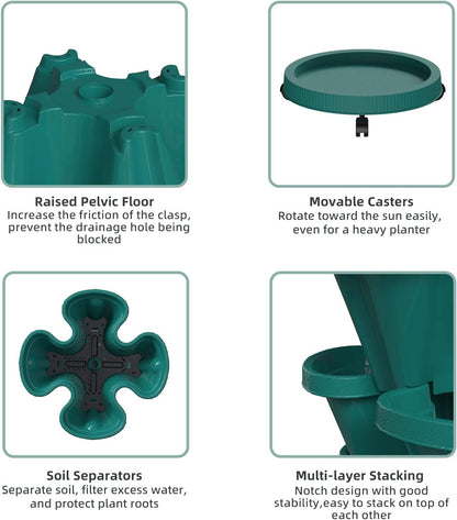 Strawberry Stacking Planters, Vertical Garden Tower, 3 Tiered Stackable Herb Vegetable Planters with Movable Casters and Bottom Saucer Indoor and Outdoor - Hunter Green