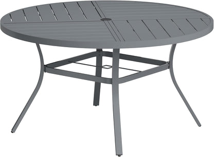 VICLLAX Round Patio Table with Adjustable Umbrella Hole for 8, All Weather Metal Outdoor Dining Table for Lawn Garden, 53.1" Outdoor Coffee Table, Grey Tabletop