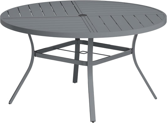 VICLLAX Round Patio Table with Adjustable Umbrella Hole for 8, All Weather Metal Outdoor Dining Table for Lawn Garden, 53.1" Outdoor Coffee Table, Grey Tabletop