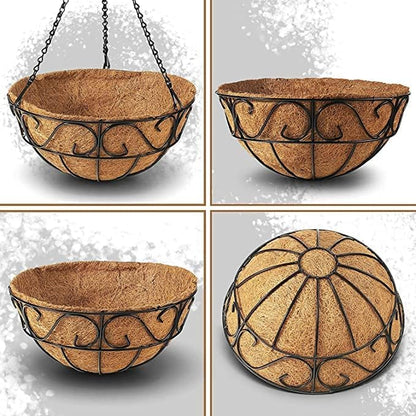 2 Pack Metal Hanging Planter Basket with Coco Coir Liner Chain Round for Garden Decoration Porch Indoor Outdoor (S Shape)