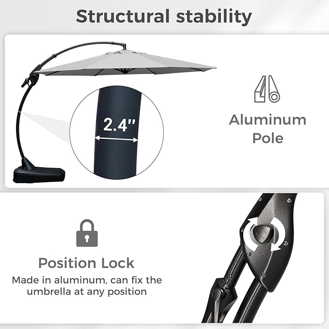 Grand patio 12 FT Sunbrella Outdoor Cantilever Umbrella with Base Patio Large Aluminum Offset Umbrella for Deck Yard (Granite-SUNBRELLA, 12 FT)
