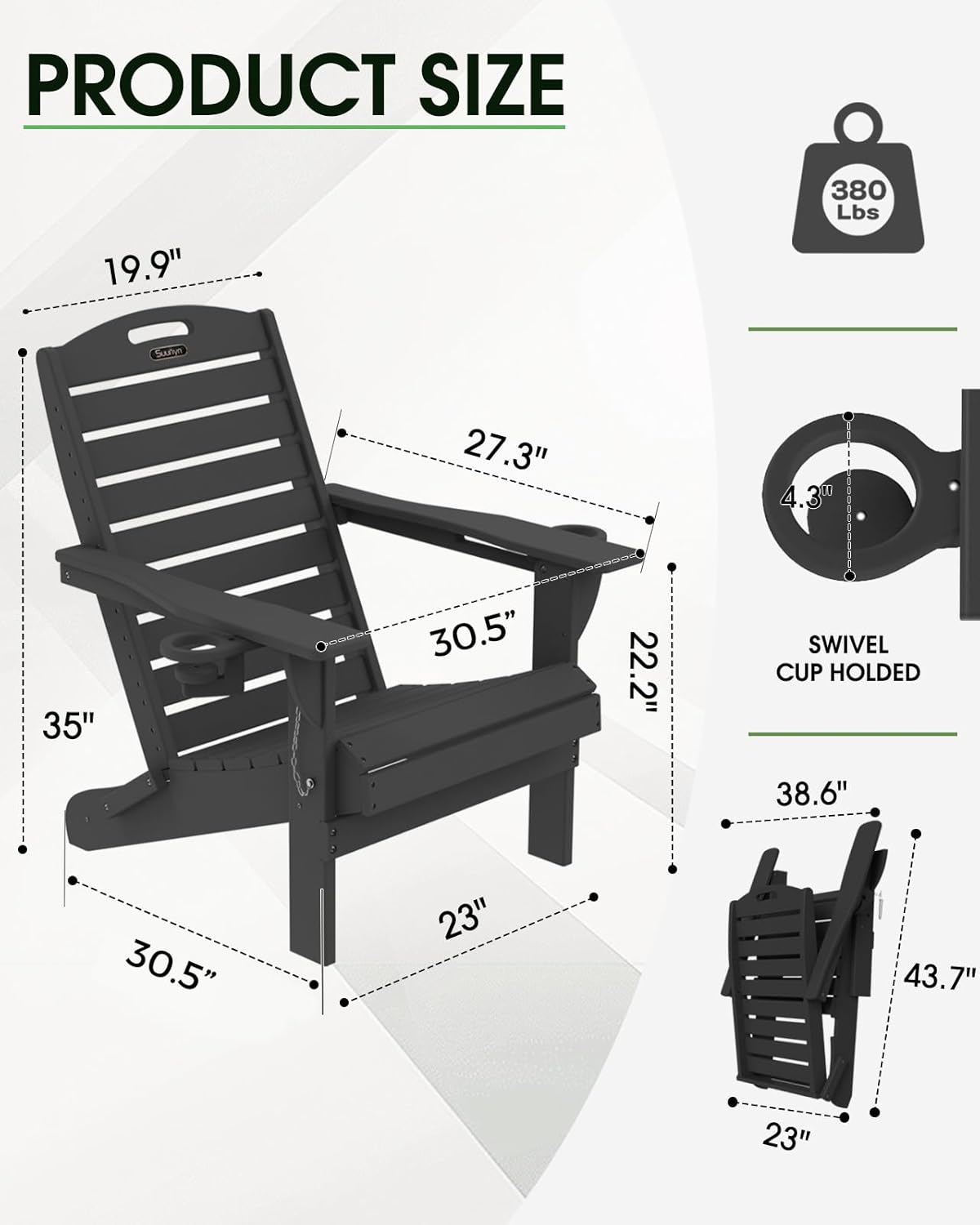 Adirondack Chairs Set of 2, Outdoor Fire Pit Chairs, HDPE All-Weather Adirondack Chairs with Cup Holder, Lawn Chair for Deck, Patio, Garden (Black)