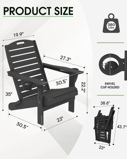 Adirondack Chairs Set of 2, Outdoor Fire Pit Chairs, HDPE All-Weather Adirondack Chairs with Cup Holder, Lawn Chair for Deck, Patio, Garden (Black)