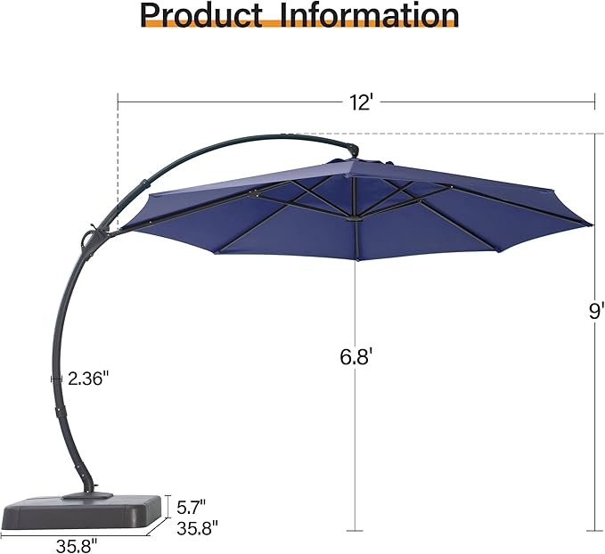 LAUSAINT HOME Sunbrella Outdoor Patio Umbrella with Base, 12FT Deluxe Curvy Cantilever Umbrella Offset Hanging Umbrella with 360° Rotation for Market, Pool, Deck, Garden, Backyard (Sunbrella Navy Blue)