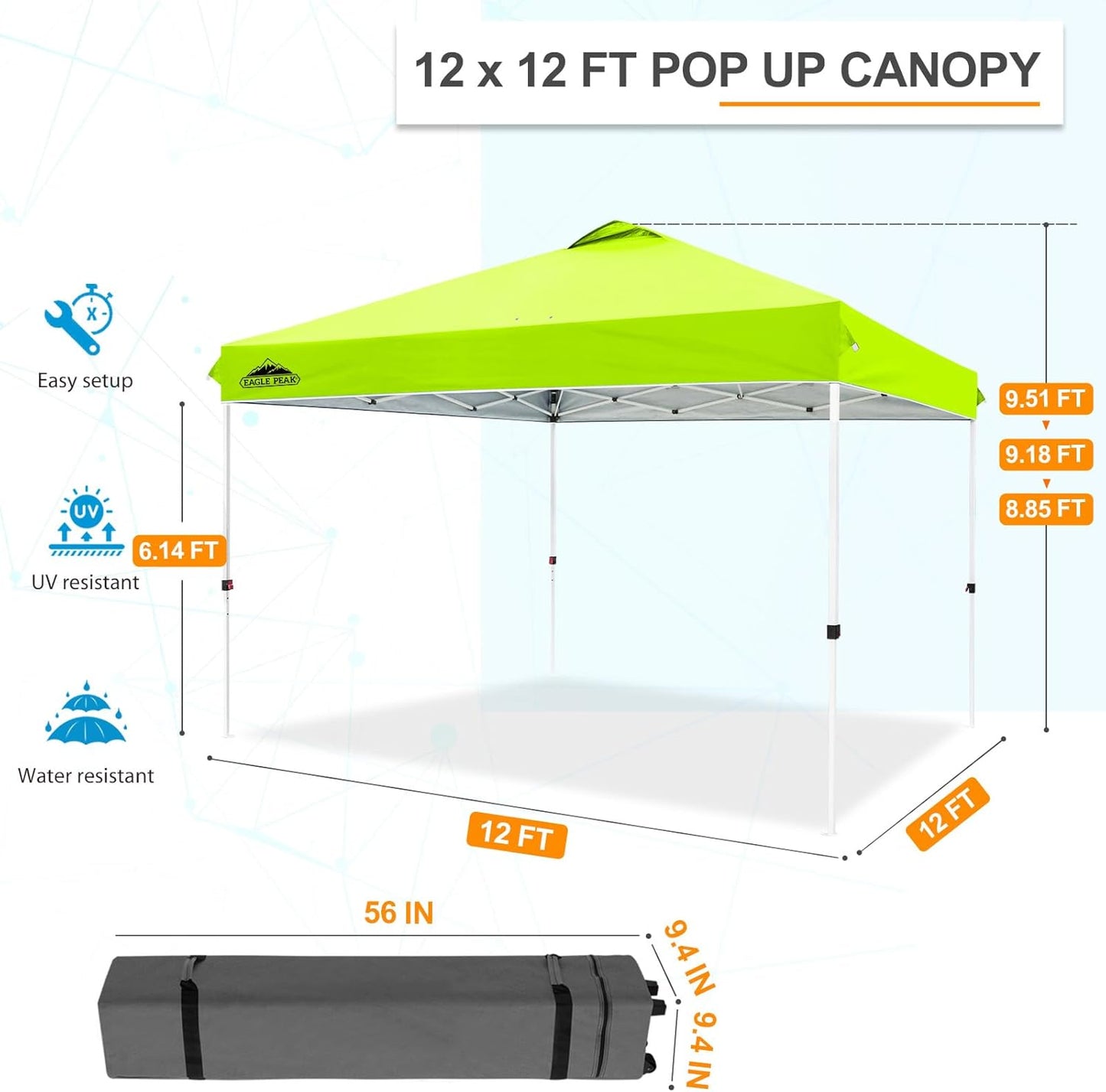 EAGLE PEAK Pop Up Canopy Tent with Wheeled Carry Bag, 8 Stakes, 4 Ropes, 4 Weight Bags, Easy Set Up Tent Canopy, 12x12 ft, 144sqft of Shade, Neon Green