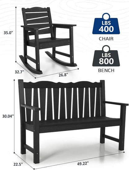 Outdoor Rocking Chairs Set, Weatherproof HIPS Outdoor Furniture, Include 2 Patio Rocking Chairs + Outdoor Bench, Suit for Garden, Porch, Lawn & Backyard(Black)