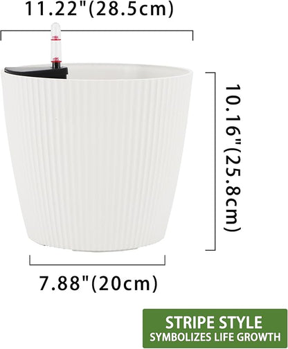 Dexceder 11x10 Self Watering Planters Indoor, Inner Mat Design, Table Flower Plant Pot with Water Level Indicator (2 Pack, White)