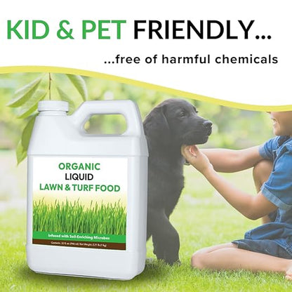 Organic Liquid Lawn & Turf Food - Quickly Rejuvenates Lawn Health and Restores Rich Green Colors to Depleted Grass | Infused with Soil Enriching Microbes (32oz, Treats Up to 5,000 Sq. Feet)