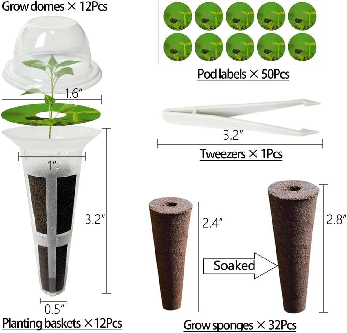 107pcs Seed Pod Kit for Aerogarden, Hydroponics Garden Accessories for System Compatible with Hydroponics Supplies from All Brands, 32 Grow Sponges, 12 Plant Baskets & Domes, 50 Pod Labels, 1 Tweezer