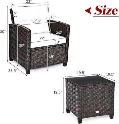 RELAX4LIFE 3 Piece Patio Furniture Set, Wicker Bistro Conversation Set w/ 2 Cushioned Armchairs & Glass Topped Table, Outdoor Rattan Sofa Set Patio Furniture for Porch Balcony Poolside (Black)