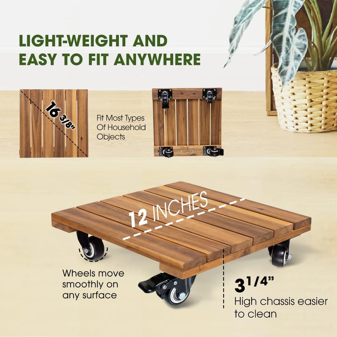 2pack Wood Plant Caddy With Wheels Heavy Duty, 264 Lbs Capacity, 12 Inch Acacia Hardwood Plant Dolly, Plant Stand with 360° Lockable Wheels for Plant Pots, Heavy Objects Hauling - Natural Wood