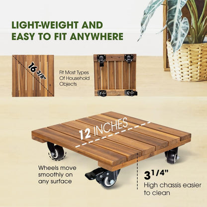 2pack Wood Plant Caddy With Wheels Heavy Duty, 264 Lbs Capacity, 12 Inch Acacia Hardwood Plant Dolly, Plant Stand with 360° Lockable Wheels for Plant Pots, Heavy Objects Hauling - Natural Wood