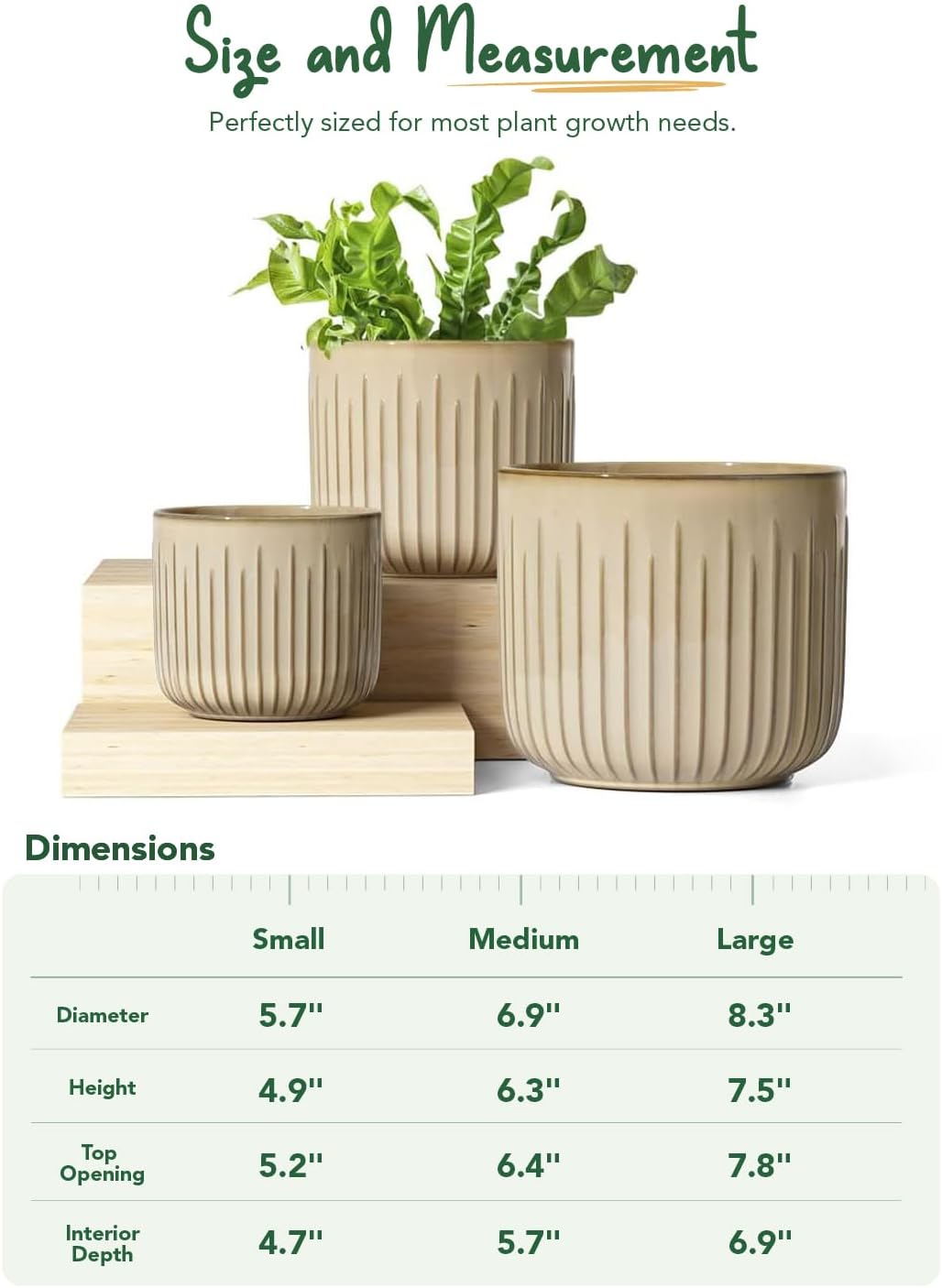 LE TAUCI Fluted Ceramic Planters Set of 3 – 8.3/7 / 5.7 in Cloud Cream Reactive Cylinder Indoor Plant Pots with Drainage Plug & Mesh, Glossy Stoneware Flower Pots for Succulents Herbs