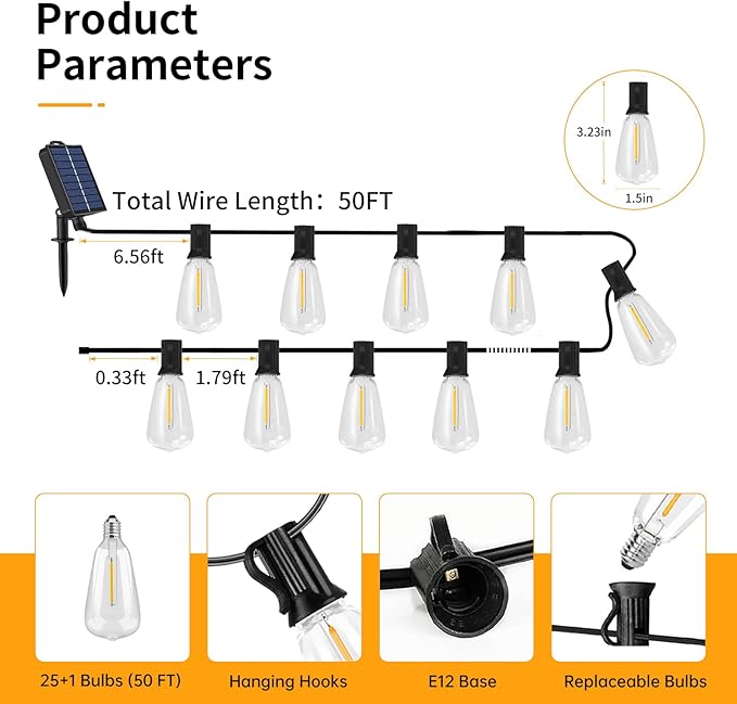 50FT Solar String Lights Outdoor Waterproof with Remote and 26 Shatterproof Edison Bulbs (1 Spare), USB Charging Solar Powered Patio LED Lights String for Outside, Garden, Backyard, Porch (Warm White)