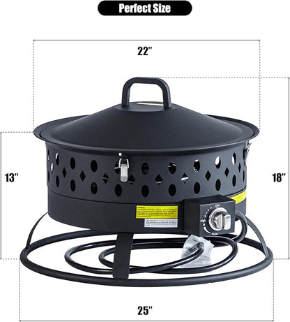 22 Inch Portable Propane Fire Pit,Gas Fire Pit for Outside with Lid & Handle, Smokeless Gas Firepit Bowl with Lava Rocks,Outdoor Propane Firepits for Camping,Patio,Yard,Bonfire.(Black)