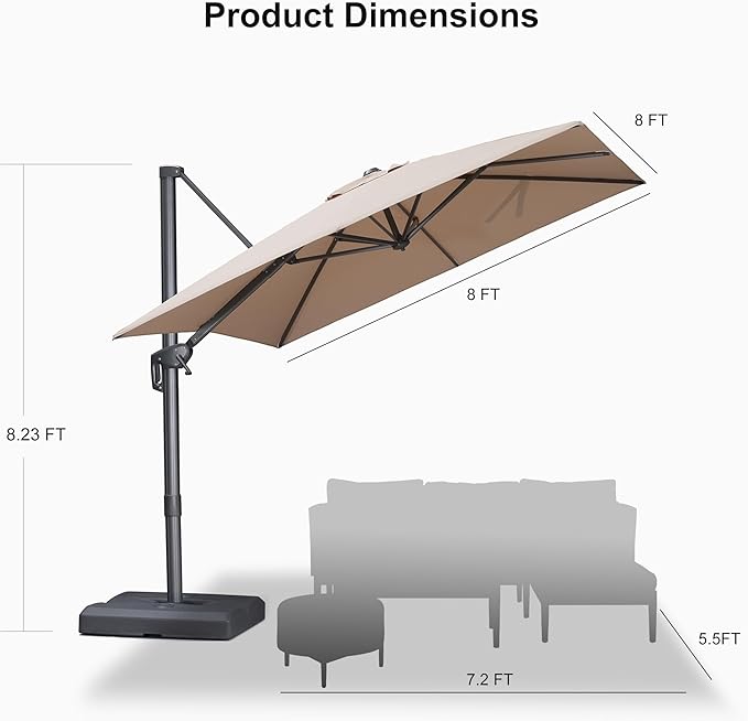PURPLE LEAF 8 FT Outdoor Umbrella with Base Patio Cantilever Aluminum Umbrella with 3 Years Fade Resistance Recycled Fabric Offset Square with 360-degree Rotation for Deck Pool Garden, Sand Dune
