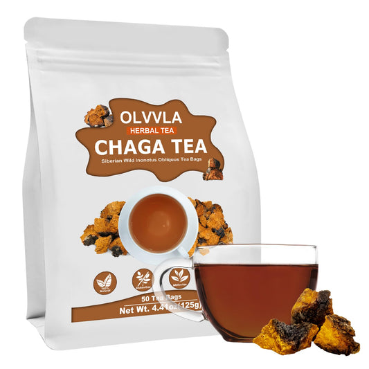 Olvvla - Chaga Tea Bags - 2.5g X 50 Count - 100% Wild Natural Chaga Mushroom Herbal Tea - Sourced from Siberia - Caffeine Free - Gluten-Free - Rich in Antioxidants
