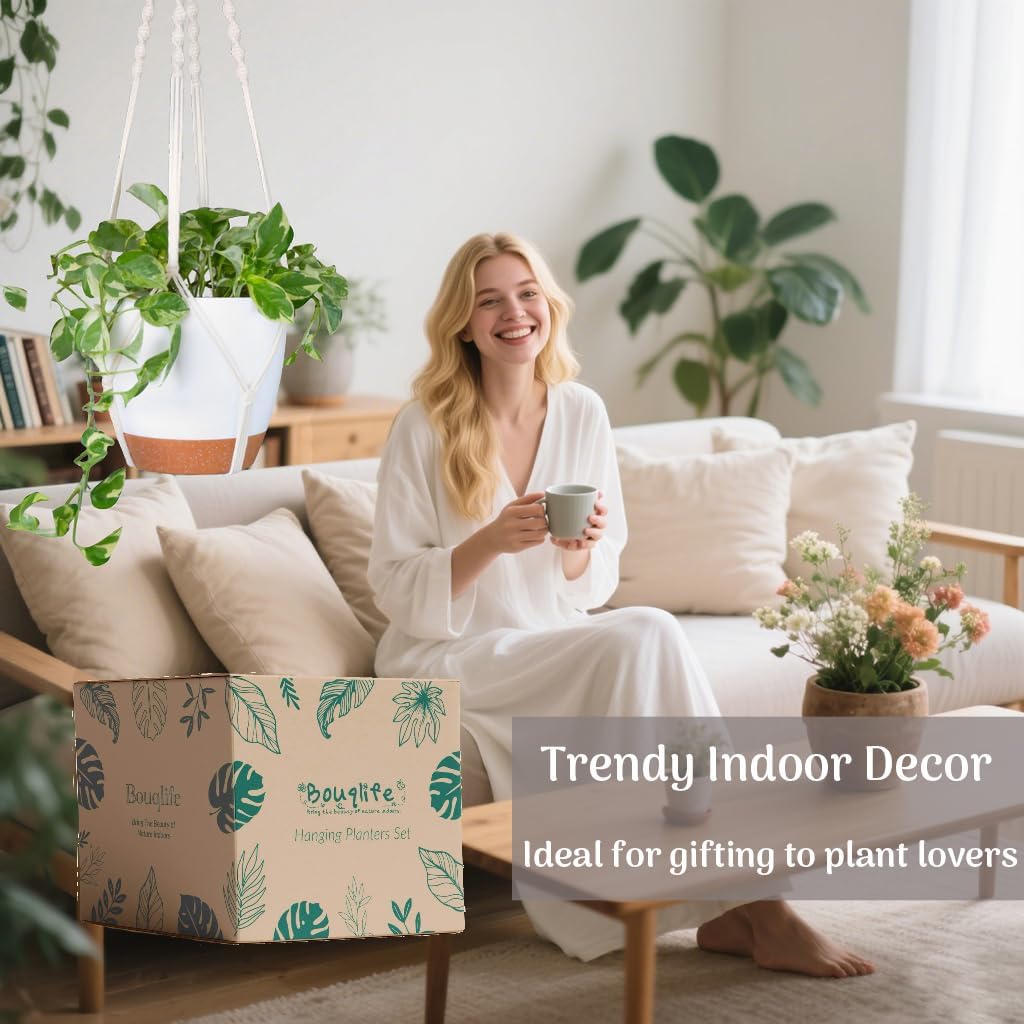 Set of 3 Hanging Planters for Indoor Plants with 10"/8"/7" Self-Watering Hanging Pots, Hanging Plant Pots with Drainage, 3 Different Size Macrame Plant Hangers with Hooks White Large