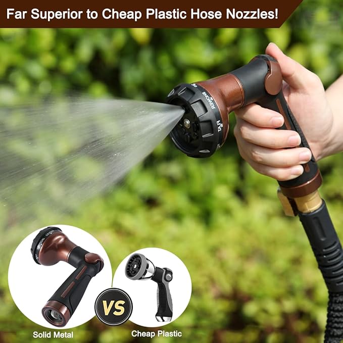 FANHAO Garden Hose Nozzle, 100% Heavy Duty Metal Water Hose Sprayer with 8 Spray Patterns, High Pressure Water Nozzle with Thumb Control, On Off Valve for Watering Plants, Washing Cars & Pets, Brown