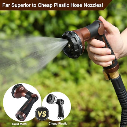 FANHAO Garden Hose Nozzle, 100% Heavy Duty Metal Water Hose Sprayer with 8 Spray Patterns, High Pressure Water Nozzle with Thumb Control, On Off Valve for Watering Plants, Washing Cars & Pets, Brown