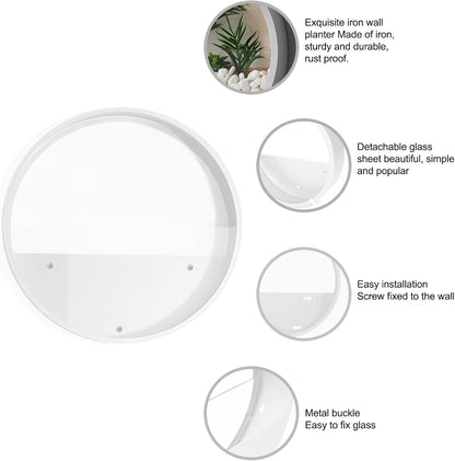 3 Pack Set Wall Planters,Modern Round Glass Wall Planter Succulent Planter Circle Iron Hanging Planter Vase for Herb,Small Cactus Perfect for Balcony, Room and Patio Decor (White)